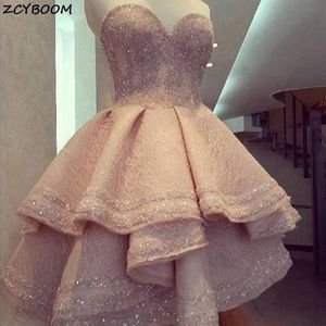 Party Dresses Elegant Ljus Rosa Cocktail 2021 Formell Prom Klänning Ruffles Sequins Lace Graduation Sweetheart Neck Aftonkakor