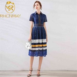Summer Woman Lace Pleated Dress Striped Blue Ladies Slim Short Sleeve Party Female Casual Dresses 210506
