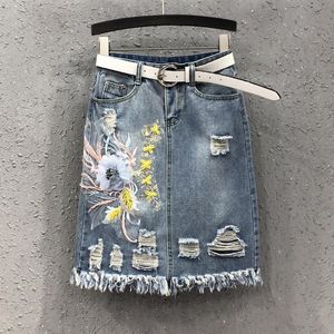 Skirts Summer 2021 Korean Style Women Clothes High Waist Tassel Embroidery Flower Pencil Denim Skirt , Woman Skinny Hole Jean