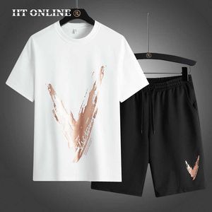 Tractsuit Mężczyźni Letni Zestaw Dorywczo Mężczyźni Rękaw Drukuj T Shirt + Spodenki 2 Sztuce Oddychające Fitness Jogging Men Sportswear Sets 210603