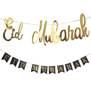 Glitter Eid Mubarak Carta Bandeira Preto Ouro Eid Mubarak Paper Garland Ramadan Decoração Muslim Islamic Eid Party Supplies Y0730