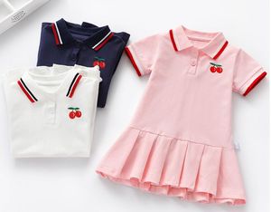 Abito da bambina con colletto POLO ricamato a maniche corte in ciliegio, elegante abbigliamento estivo per neonate, per 1-6T