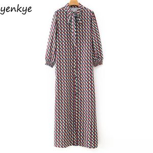 Vintage Geometric Print Long Dress Women Elegant Bow Tie Lapel Collar Sleeve Flowy Plus Size Autumn 210514