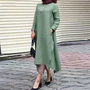 Casual Dresses Oversized Women Cotton Linen Dress Vintage Solid Loose Autumn Turkey Female Asymmetrical Maxi Muslim Vestidos