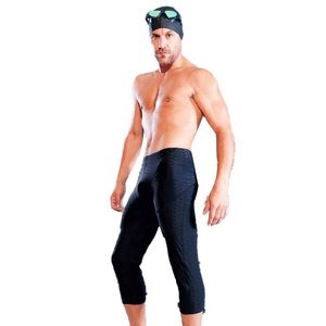 Men's Swimwear Sharkskin Striped Swimming Trunks Class Training Swimsuit Seven Points Sexy Over The Knee Long Pants