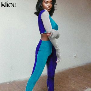 Kliou women striped patchwork o-neck tracksuit full sleeve crop top sporty matching set bodycon elastic skinny streetwear outfit Y0625