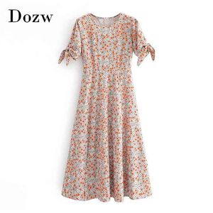 Kadınlar Vintage O Boyun Midi Elbise Yaz Çiçek Baskı Boho Split Papyon Kısa Kollu Plaj Gündelik ES Sundress 210515