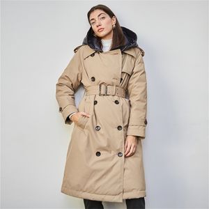 British Down Trench Coat Vinter Vit Anka Jacka Kvinnor Hooded Lång Tjocka Vaja Jackor Puffer Fjäder Kvinna Parka Mujer 211126