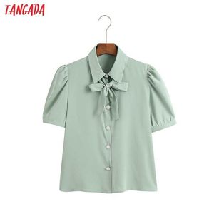 Tangada Vrouwen Retro Groene Parel Knoppen Chiffon Shirt Zomer Blouse Boog Korte Mouw Chic Vrouwelijke Tops 6Z117 210609