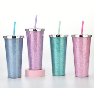 Son 24 oz çift katmanlı plastik hasır kahve kupa, çeşitli pullu glitter toz tarzı su bardağı, özel logo desteği
