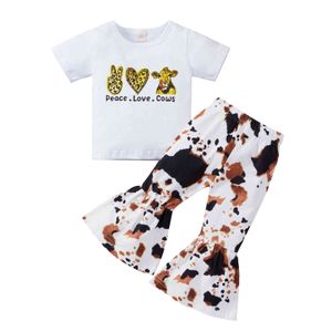 6m-4Y Letni maluch dziecko dziecko dziewczyny Ubrania zestaw Leopard List Drukuj T Shirt Flare Spodnie Outfits Costumes 210515