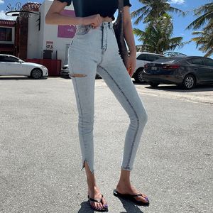 Streetwear High Waist Stretch Skinny Women Jeans Pants Split Cuff Ripped Hole Female Pencil Fall Trousers 10397 210521