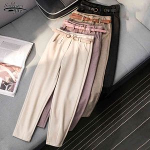 Pantaloni lunghi caldi femminili Pantaloni di lana autunnali e invernali Pantaloni slim harem a vita alta da donna stile coreano con cintura 6992 50 210518