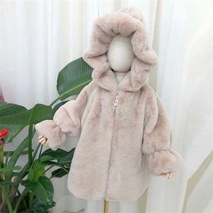 Autumn Winter Children Girls Faux Fur Coat Kids Casual Warm Sun flower hoodies Jacket Wool girls jacket 211204