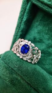 Cluster Rings Jy Solid 18K Gold Nature 1.0ct Blue Sapphire Gemstones Diamonds for Women Fine Jewelry Presents