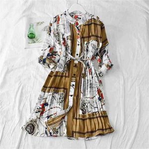 Women's Shirt Dress Pleated Patchwork Spring Summer European Print Long-sleeved Midi Bandage Dresses Vestidos 110cm LS299 210506