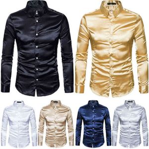 قميص ساتان من الحرير الأبيض الأنيق Men Chemise Homme 2019 غير الرسمي الطويل الأكمام النحيف FIT FIT DESS THERTS WEDDAND SART SART Y1012