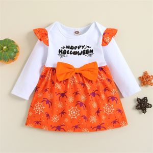 Kids Clothes Girls Halloween Bow Flying Sleeve Dress Infant Pumpkin Spider Print Princess Dresses Spring Autumn Boutique Fashion 1785 B3