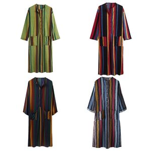 Ethnic Clothing Men Muslim Colorful Striped Kaftan Robe Arabic Long Sleeve Buttons Maxi Loose Tunic Tops With Pockets Dubai