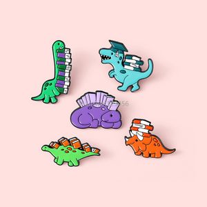 Cartoon Dinosaur with books Brooch Pins Enamel Animal Lapel Pin brooches for Women Men Top Dress Cosage Fashion Jewelry Will and Sandy