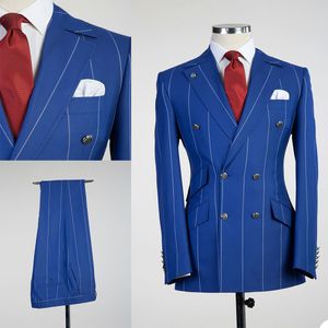 Blauer Streifen-Herren-Smoking mit spitzem Revers, zweireihiger Bräutigam-Hochzeitsblazer, formeller Abschlussball, Party-Hosenmantel (Jacke + Hose)