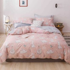 Beyaz Bunny Tavşan Pembe Nevresim Seti Pamuk Bedlinens Twin Kraliçe Kral Düz Levha Gömme Levha Yatak T200414