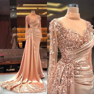 2022 Luxuriöses Nude-Rosa-Sexy-Abendkleid mit hohem Ausschnitt, Kristallperlen, langen Ärmeln, offenem Rücken, Abschlussballkleid, Party-Festzug, formelle Kleider, Sweep-Zug, Übergröße