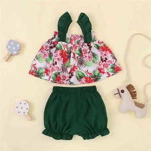 Estate Bambini Set Casual Ragazzi Cinturino verde Stampa floreale Top Pantaloni corti solidi Vestiti per ragazze carine 1-5T 210629