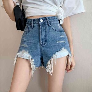 Harajuku kvinnor shorts denim hög midja sommar lös avslappnad sexig jeans mode vintage rippad mini strand stor 210601