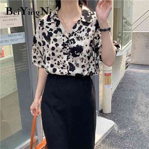 Women Summer Short Sleeve Shirt Leopard Print Vintage High Street Chiffon Blouses Womans Leisure Loose Blusas BF 210506