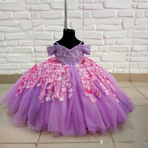 Lyxig sexig Lilac Flower Girl S klänningar Pärlor Spaghetti Little Girl Wedding Wears Vintage Communion Pageant Party Gowns F