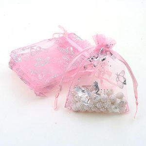 7x9cm rosa borboleta bronzeing organza jóias populares bolsas pequenas bolsas de cordão Pochette tulle Bonbon 100 pcs / lote atacado