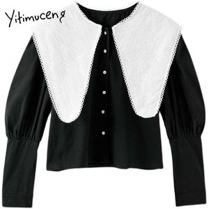 Yitimuceng Czarny Bluzka Kobiety Przycisk Koszule Peter Pan Collar Z Długim Rękawem Prosta Solidna Wiosna Letnia Moda Topy 210601