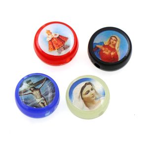 Christopher Inspirational Carabiner Flat Beads Acrílico San Jesús María Pintura Pintura Royal Azul Vermelho Preto 12x12mm 4 Cores Jóias Religiosas Fazendo L1671 300 pcs / lote