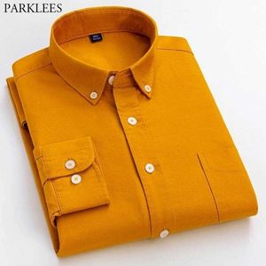 Yellow Oxford Button Down Shirt Male Casual Slim Fit Long Sleeve Chambray Shirts Men Office Work Daily Wear Shirt with Easy Care 210522