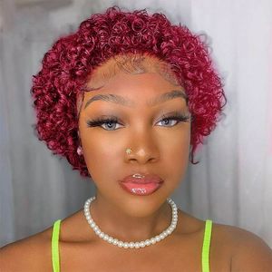 Pixie Cut Human Hair Wild Wig Krótki Bob Curly Ombre Orange 99J 13x1 Przezroczyste Koronki Peruki dla czarnych kobiet