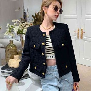 Small Fragrance Women Black Tweed Outerwear Autumn Winter Golden Button Blends Wool Female Long Sleeve Jacket Coat 210922