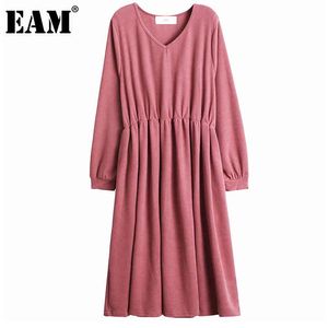 [EAM] Kobiety Czarny Duży Rozmiar Plisowany Kieszonkowy Dress V-Neck Z Długim Rękawem Loose Fit Fashion Spring Autumn 1DD6166 210512