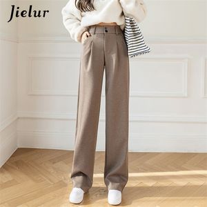 Jielur Woolen Wide Leg Pants Black Khaki Winter Korean Style Women byxor Hög midja Löst rak Mopping Long 220211