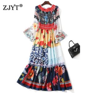 Wiosna Letnia Moda Kobiety Pełna Rękaw Vintage Drukuj Slash Neck Długi Maxi Czeski Szyfonowa Sukienka Wakacje Plaża Robe Vestidos 210601