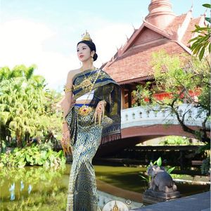 Thai traditionell outfit scen slitage kvinnor kostym strapless lång kjol retro handgjorda sjal foto studio byta kläder asiatisk resekostym