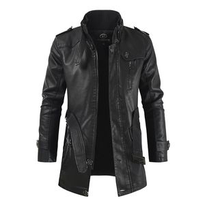 Mittellange Herren-Lederjacke mit Stehkragen plus samtgroßem Herrengürtel, warme und winddichte PU-Jacke