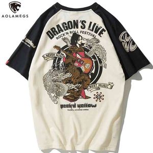 AOLAMEGS Oversized Men T-shirt Japanese Geisha Dragon Print T Koszulki Casual Anime Tshirt Bawełna Letnia Streetwear Odzież męska 210706