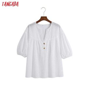 Tangada Mulheres Oversized Bordado Romântico Algodão Blusa Camisa Manga Curta Chique Camisa Feminina Tops 6Z99 210609