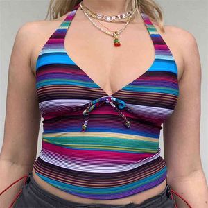 Arco-íris listrado Y2K Halter Crop top para meninas moda mulheres verão chique v pescoço backelss festa camisa sexy beacholiday 210510