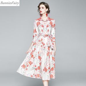 BunniesFairy Kändisinspirerade kvinnor Elegant Vintage Peony Flower Floral Print Pläterad Midi Dress Kvartär Ärme Casual Klänningar