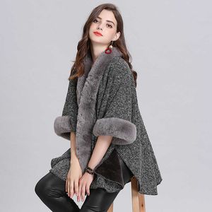 Spanish Style New Fashion Female Keep Warm Plus Velvet Imitation Fox Fur Collar Large Size Cardigan Knitted Shawl Cloak H0923