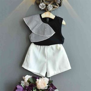 グーポソンかわいい子供服夏の蓮の葉の袖の服2ピースファッション韓国の小さな女の子衣装美しい衣装210715