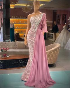 Одно плечо розовое русалка вечерние платья хрустальные бисеры аппликационные выпускные платья на заказ