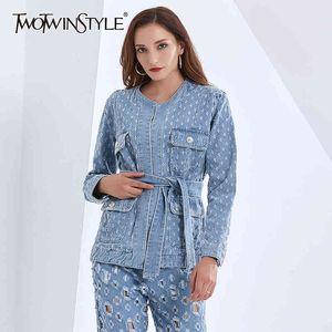 Patchwork Hollow Out Hole Denim Jacket For Women O Neck Long Sleeve High Waist Lace Up Coats Female Fall 210524